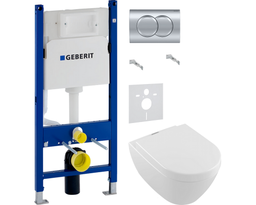 Комплект Унитаз подвесной Villeroy   Boch Subway 2.0 5614A101 + Крышка 9M68 S101 с микролифтом, петли хром + Инсталляция Geberit Duofix Delta 458.149.21.1 с кнопкой смыва, хром + Шумоизоляция 156.050.00.1