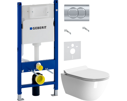 Комплект Унитаз подвесной GSI Pura 881611 безободковый + Крышка Norm MS86CSN11 с микролифтом, белая + Инсталляция Geberit Duofix Delta 458.149.21.1 с кнопкой смыва, хром + Шумоизоляция 156.050.00.1