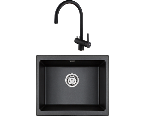 Комплект Мойка кухонная Paulmark Gera 60 PM205546-BL черный + Смеситель Heller He213218-418 черный металлик