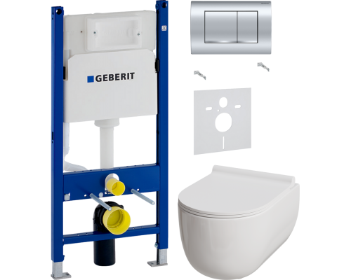 Комплект Унитаз подвесной Damixa Scandinavian Pure DX36C1701SC с микролифтом, безободковый + Шумоизоляция Geberit 156.050.00.1 + Инсталляция Duofix Delta 458.163.21.1 с кнопкой смыва, хром
