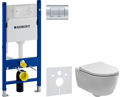 Комплект Унитаз подвесной Geberit iCon 204060000 + Крышка Slim 500.670.01.1 + Инсталляция Duofix Delta 458.163.21.1 с кнопкой смыва, хром + Шумоизоляция 156.050.00.1