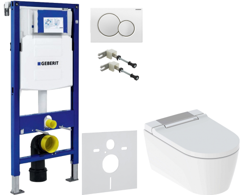 Комплект Унитаз подвесной Geberit AquaClean Sela 146.224.21.1 вставка глянцевый хром + Крепления Duofix 111.815.00.1 к стене + Шумоизоляция 156.050.00.1 + Инсталляция UP 320 111.300.00.5 + Кнопка Sigma 01 115.770.11.5 белая