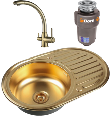 Комплект Мойка кухонная Zorg Inox PVD Inox Pvd SZR-7750 bronze + Смеситель Steel Hummer SH 699 BRONZE бронза + Измельчитель Bort Titan 5000 Control