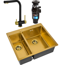 Комплект Мойка кухонная Zorg Inox PVD SZR-59-2-51-R BRONZE R, бронза + Смеситель Sanitary ZR 348 YF BLACK BRONZE + Измельчитель Bort Master Eco 91275752