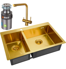 Комплект Мойка кухонная Zorg Inox PVD SZR-78-2-51 R bronze + Смеситель Inox SZR-7039 BRONZE бронза + Измельчитель Bort Titan 4000 Plus