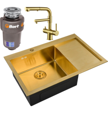 Комплект Мойка кухонная Zorg Inox Pvd SZR-7851-L Bronze + Смеситель Sanitary SZR-3216 Bronze бронза + Измельчитель Bort Titan 5000