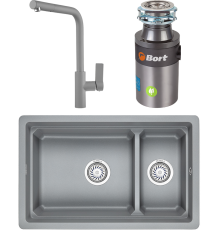 Комплект Мойка кухонная Granula Kitchen Space 7304U, алюминиум + Смеситель 2502, алюминиум + Измельчитель Bort Titan 4000 Control