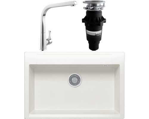 Комплект Мойка кухонная Polygran Argo 760 белый хлопок + Смеситель MEGA Mega MG-SUN03 + Измельчитель Bone Crusher BC 810-SL Slim Line