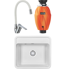 Комплект Мойка кухонная Granula Standart 5601, белый + Смеситель РМС SL137W 016F хром, белый, с гибким изливом + Измельчитель Omoikiri Nagare 1000