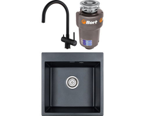 Комплект Мойка кухонная Paulmark Kante 50 PM105152-BLM черный металлик + Смеситель Heller He213218-418 черный металлик + Измельчитель Bort Titan Max Power