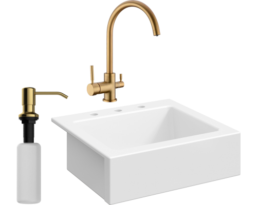 Комплект Мойка кухонная Domaci Сиена 50166-101 с 3 отверстиями, белый глянец + Смеситель Равенна DCB 3007 золото + Дозатор 401 золото