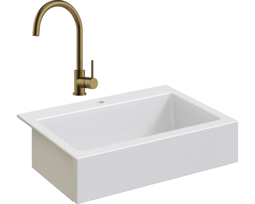 Комплект Мойка кухонная Domaci Сиена 50186-101 с 1 отверстием, белый глянец + Смеситель Равенна DCB 3004 золото