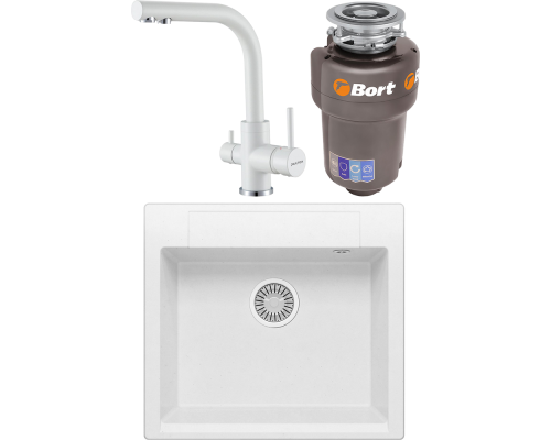 Комплект Мойка кухонная Polygran Argo 560 белый хлопок + Смеситель Paulmark Essen Es213011-431TW белый матовый + Измельчитель Bort Titan Max Power FullControl