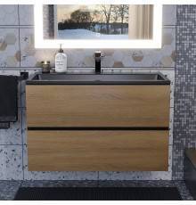 Тумба с раковиной Uperwood Barsa 80 подвесная, черная, дуб сонома, раковина черный глянец