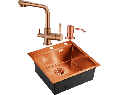 Комплект Мойка кухонная Domaci Равенна PVD DMB-117A медь, 50х50 см, квадратная, встраиваемая, российская + Смеситель DCB 3003N медь + Дозатор 401 медь