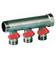 Коллектор Henco 1  с красными шаровыми кранами, 3 выхода 3/4  под евроконус. VB060503-ROOD