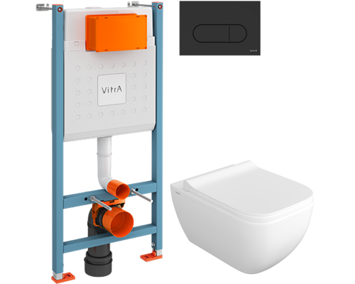 Комплект Унитаз подвесной VitrA Shift 7742B003-0075 белый глянцевый + Крышка DIWO Шифт 0405 с микролифтом + Инсталляция V-Fix Core 732-5800-01 с кнопкой смыва Root R 740-2211 черной матовой