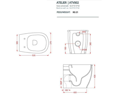 Artceram Atelier Унитаз напольный, 52х37хh42см, безободковый, слив универсальный, с крепежом, цвет: белый. ATV002 01 00