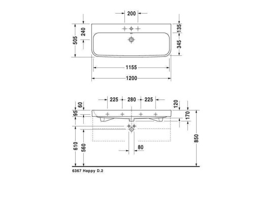 Duravit Happy D.2 Раковина 120x50.5 см, 2 отв., с переливом,  шлифованная, цвет: белый. 2318120026