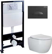 Комплект Унитаз подвесной Ceramicanova Play CN3001 с микролифтом, безободковый + Инсталляция EWRIKA ProLT 0026-2020 + Кнопка 0054 черная матовая
