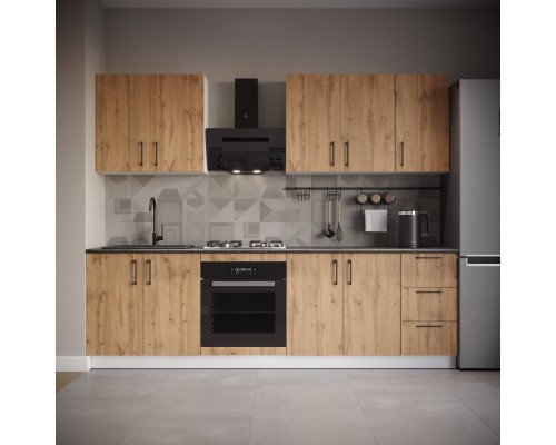 Кухонный гарнитур Domaci Болонья 260 см, фасад дуб вотан, ручка черная, столешница луна KUH-1008795