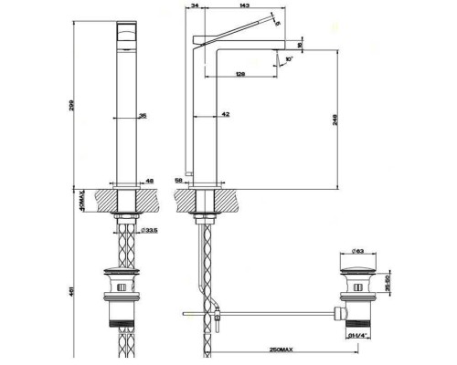 Gessi Rettangolo K Смеситель для раковины на 1 отверстие, с донным клапаном, излив 128мм, цвет: black XL. 53005#299