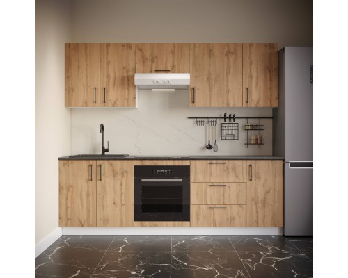 Кухонный гарнитур Domaci Болонья 240 см, фасад дуб вотан, ручка черная, столешница луна KUH-1000007