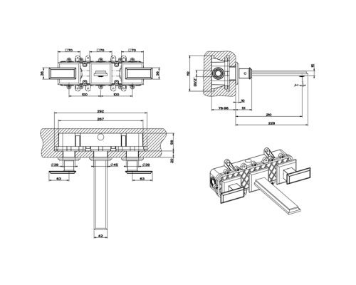 Gessi Eleganza Встраиваемый смеситель для раковины на 3 отверстия, без донного клапана, с изливом, внешняя часть, цвет: золото. 46090#080