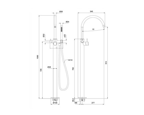 Almar Vasca Смеситель напольный для ванны , излив 277 мм, внешняя часть, цвет: High Brass Brushed PVD