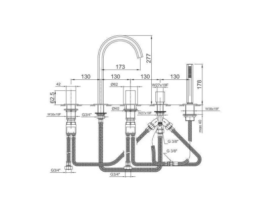 Fantini Venezia Смеситель для ванны, набортный, 5 отв., излив: 175 мм, цвет: хром. 29 02 N465S,  29 02 N448