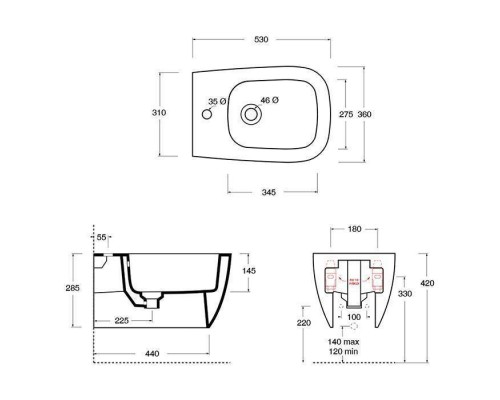 Alice Wunder Биде подвесное 53х31см., с набором для крепления, цвет: чёрный матовый. 45010108SET