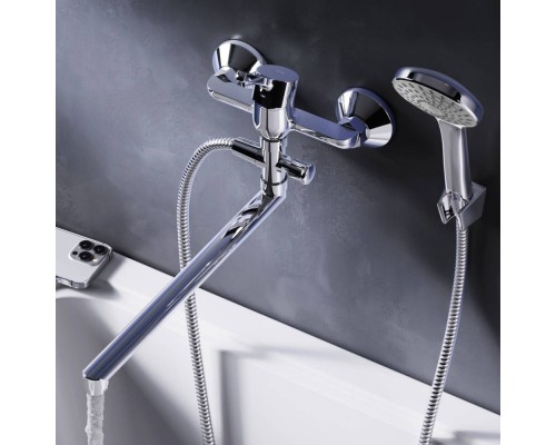 F85B90100 Смеситель для ванны и душа с длинным изливом и душевым набором