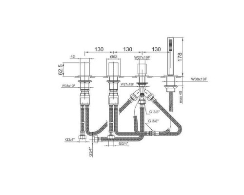 Fantini Venezia Смеситель для ванны, набортный, 4 отв., без излива, цвет: Matt Gun Metal PVD. 29 P5 N448,  29 P5 N467S