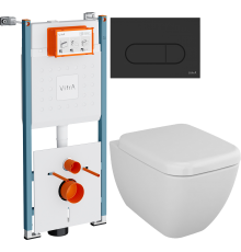 Комплект Унитаз подвесной VitrA Shift 7742B003-0075 белый глянцевый + Крышка 91-003-009 с микролифтом, петли хром + Инсталляция V-Fix Core 732-5800-01PV + Кнопка Root Round 740-2211 черная матовая