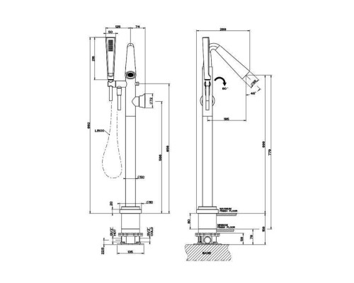 Gessi Cono Смеситель для ванны напольный, с ручным душем и шлангом 1500 мм., внешняя часть, цвет: Black XL. 45028#299