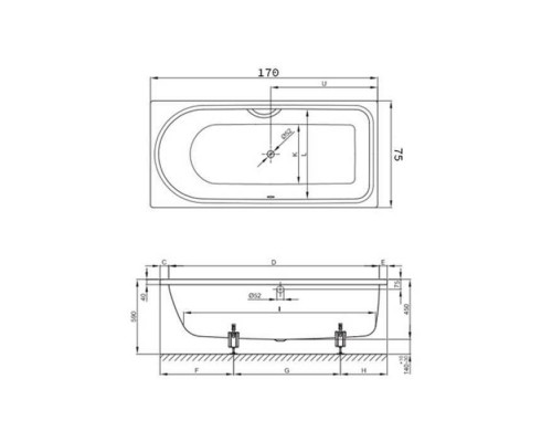Bette Ocean Ванна с шумоизоляцией пристенная, 170х75х45см, перелив сзади, с комплектом ножек, цвет: белый. 8854-000,  B23-1500