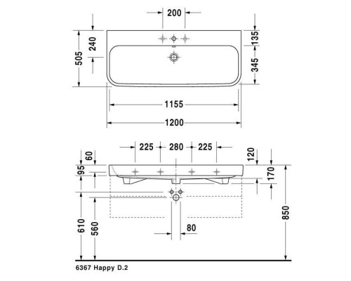 Duravit Happy D.2 Раковина 120x50.5 см, 2 отв., с переливом, цвет: белый. 2318120024