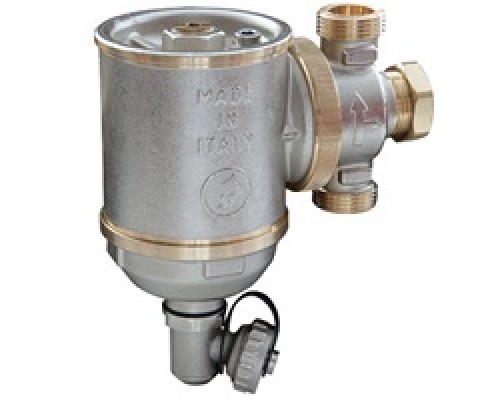 Фильтр компактный 3/4, Giacomini, с вихревым эффектом, устройством механической очистки и магнитным картриджем, корпус латунный хромированный, соединения с внутренней резьбой. Содержит шаровый кран, заглушку для дренажа и клапан выпуска воздуха.