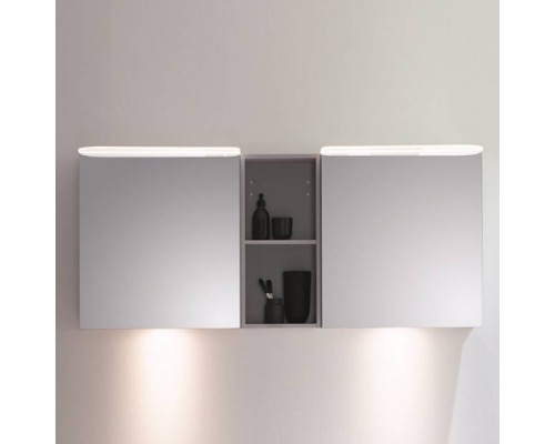 BurgBad Badu Зеркальный шкаф 150х31х66.5см, 2 светильника,2 выкл, 2 зерк двери, стойка с 1 полкой, стекл полки, подсветка мойки, цвет: лен серый. . SFUE150K0521