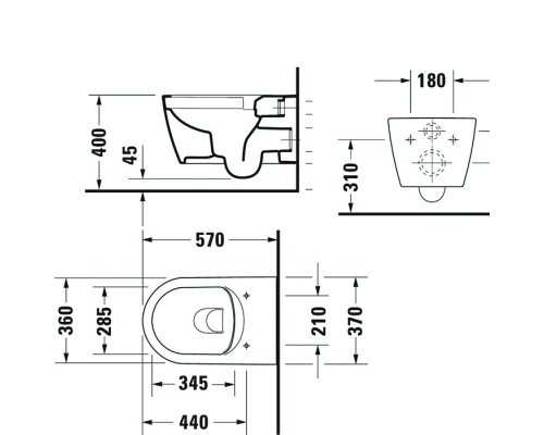 Duravit ME by Starck Унитаз подвесной Rimless без смывного края, свкл. крепление Durafix, 4,5л. с HygieneGlaze, 37х57см., цвет: белый. 2529092000