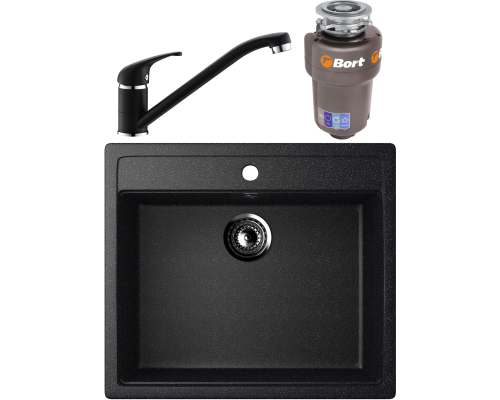 Комплект Мойка кухонная Ulgran U-104 -308 черная + Смеситель Domaci Солерно DC-3009 морион + Измельчитель Bort Titan Max Power