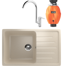 Комплект Мойка кухонная Ulgran U-400 -328 бежевая + Смеситель MEGA Snow MG-SH03 хром + Измельчитель Omoikiri Nagare 500
