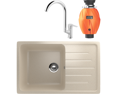 Комплект Мойка кухонная Ulgran U-400 -328 бежевая + Смеситель MEGA Snow MG-SH03 хром + Измельчитель Omoikiri Nagare 500