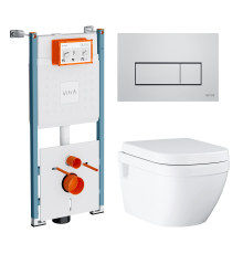 Комплект Унитаз подвесной Grohe Euro Ceramic 39703000 безободковый + Инсталляция VitrA V-Fix Core 732-5800-01PV + Кнопка Root Square 740-2380 хром