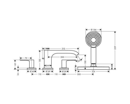 Hansgrohe Vivenis Смеситель на борт ванны, на 4 отв, с ручной лейкой, цвет: черный матовый. 75444670 Hansgrohe Vivenis Смеситель на борт ванны, на 4 отв, с ручной лейкой, цвет: черный матовый. 75444670
