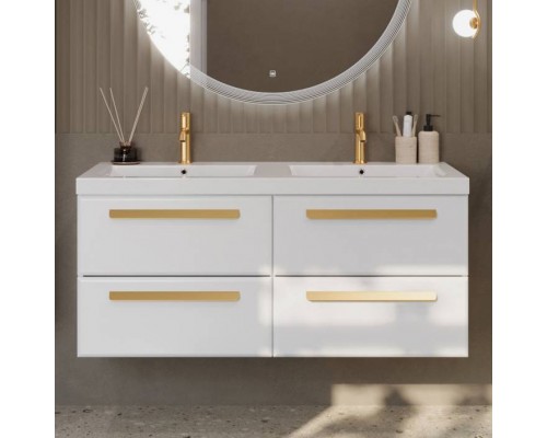 Тумба с раковиной Cezares Eco 120 4 ящика, ручки сатиновое золото, bianco lucido