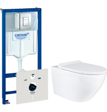 Комплект Унитаз подвесной BOND Oval F01-10Long удлиненный, безободковый, с микролифтом, белый + Инсталляция Grohe Rapid SL 38775001 4 в 1 с кнопкой смыва