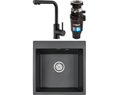Комплект Мойка кухонная Paulmark Kante 50 PM105152-BL черный + Смеситель Domaci Равенна DCB 7015 черный + Измельчитель Bort Master Eco 91275752
