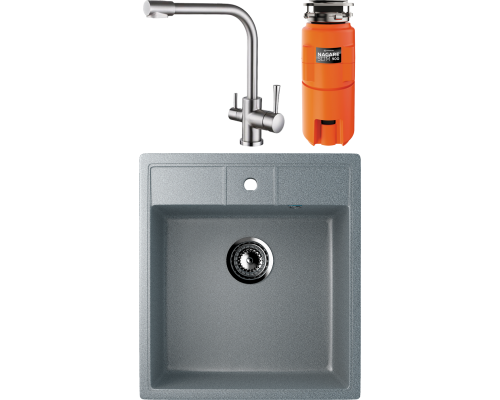 Комплект Мойка Ulgran U-406 -309 темно-серая + Смеситель Kaiser Merkur 26044-5 серебро + Измельчитель Omoikiri Nagare slim 900