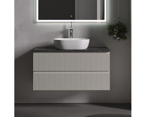 Тумба под раковину Sancos Snob R 100 со столешницей, beige soft, черный мрамор, с отв. под смеситель